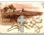 Easter Greetings Foiled Cross Farm Pasture Landscape Flowers DB Postcard... - $2.92