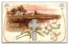 Easter Greetings Foiled Cross Farm Pasture Landscape Flowers DB Postcard R26 - £2.29 GBP