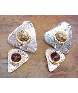 Brown Amber Crystal Earrings Semi Precious Stone Clip-on Triangle - $89.00