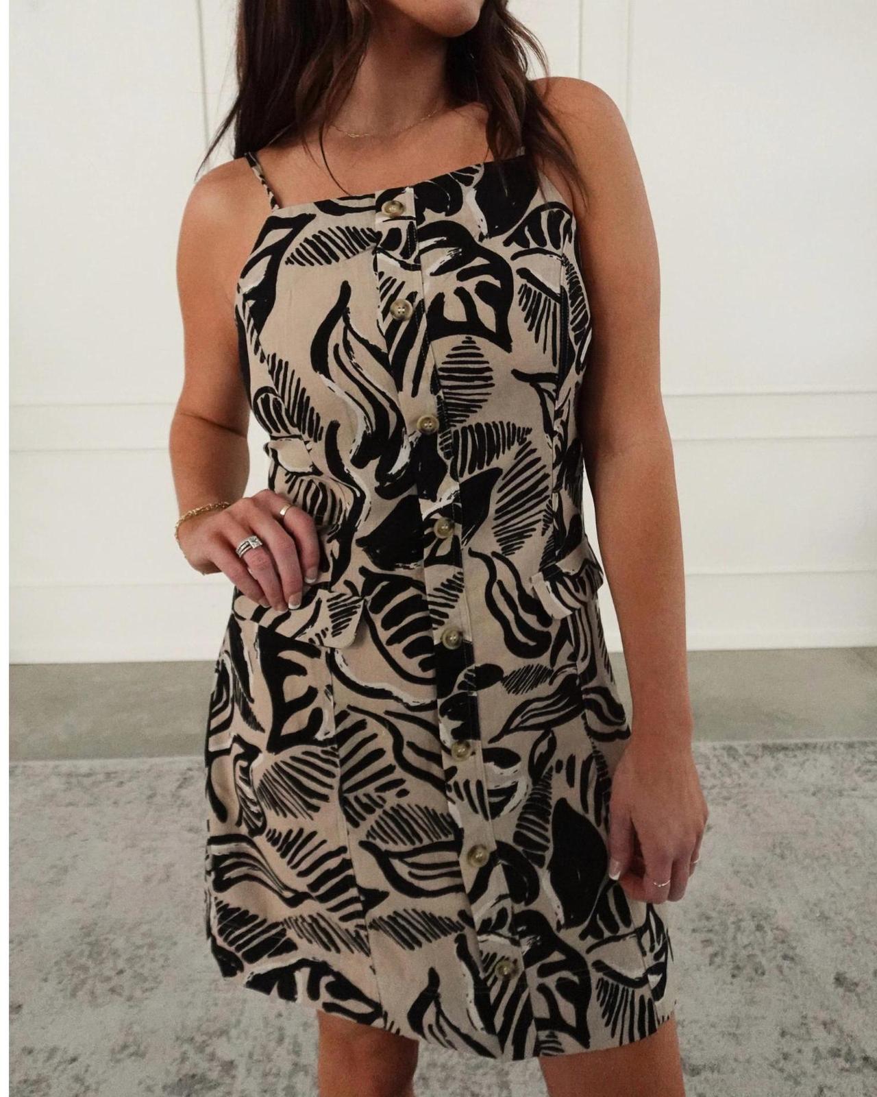 &amp;merci Patterned Linen Button Front Dress Black/taupe - $45.00