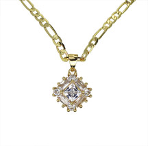 Womens Tri Cut CZ Pendant with 20&quot; Figaro Necklace 14k Gold Plated Jewelry - £7.50 GBP