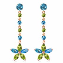 14K Solid Rose Gold Chandelier Earrings w/ Natural Blue Topaz &amp; Peridots - £460.86 GBP