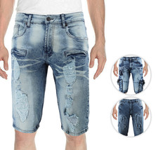 Men&#39;s Faded Wash Distressed Fringe Skinny Slim Fit Jean Stretch Denim Sh... - £20.56 GBP