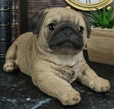 Lifelike Adorable Fawn Pug Puppy Dog Lying On Belly Figurine Pugsy Pet P... - $34.99