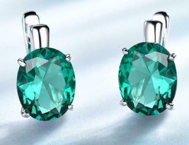2CT Oval Cut Lab Created Emerald Stud Clip-On Earrings 14K White Gold Plated - £110.08 GBP