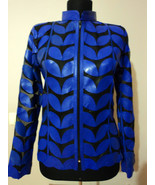 Plus Size Blue Leather Leaf Jacket Women All Colors Sizes Genuine Short Zip Up - $225.00