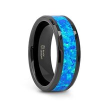 Black Ceramic Wedding Band – Blue-Green Opal Inlay, Beveled Edges, 4mm–10mm - $114.84