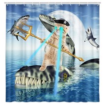 Funny Cat Shower Curtain For Kids, Fun Cat With Black Hat Fight With Cute Whale  - $37.99