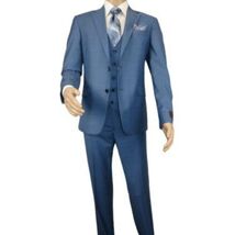 Men Suit BERLUSCONI Turkey 100% Italian Wool Super 180's 3pc Vested #Ber25 Blue image 2