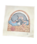 Needlepoint Canvas Hand Painted Gray Cat Sleeping Basket Of Yarn May June - $64.55
