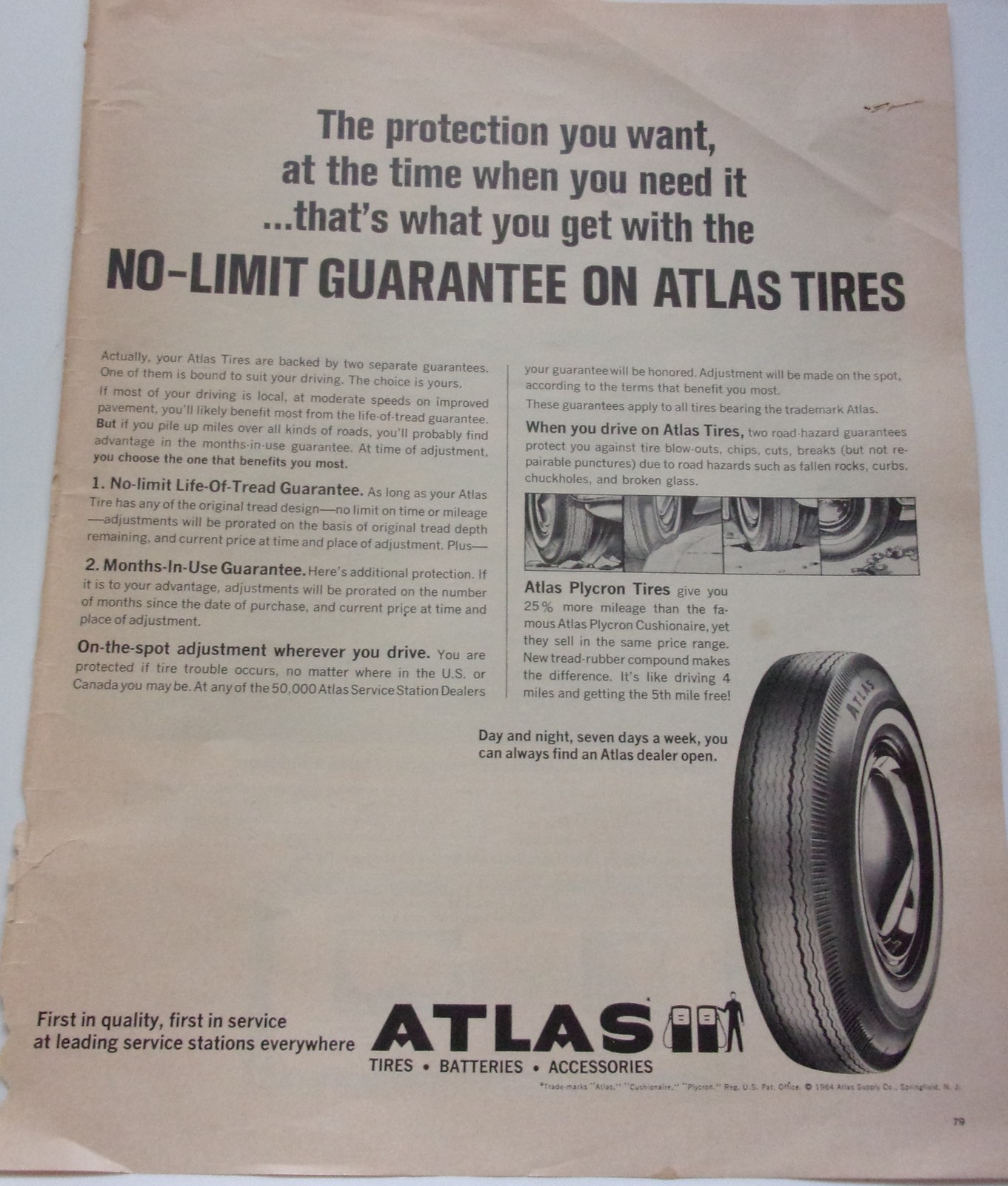 Primary image for Atlas Tires No Limit Guarantee Magazine Print Ad 1964