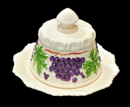 Butter or Cheese Ball Dish w Lid Grapes and Leaves Design Handmade Vintage 1970s - £11.46 GBP