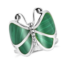 Captivating Butterfly Motif Green Malachite Statement Sterling Silver Ring-8 - £20.13 GBP