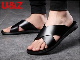 Genuine Calf Leather men sandals male Summer Slippers,Cool male Beach shoes comf - £41.57 GBP