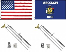 AES 3x5 3&#39;x5&#39; USA American w/State of Wisconsin Flag w/Two 6&#39; Aluminum Flagpole  - £42.97 GBP