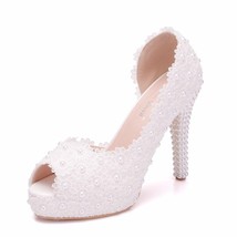 Crystal Queen Women Sweet White Flower Lace Platform Peep Top  High Heels Pearls - £51.38 GBP