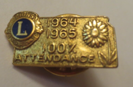 VINTAGE LIONS INTERNATIONAL 1964 1965 100% ATTENDANCE LAPEL PIN 1960&#39;S - $6.93