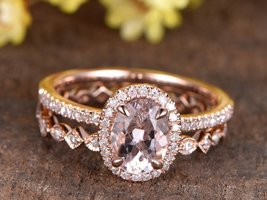 1.80Ct Oval Cut Morganite Halo Wedding Engagement Ring Set 14k Rose Gold FInish - £91.91 GBP