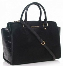 Michael Kors Selma Large Black Haircalf Croc Embossed Leather Satchel Bagnwt - £189.47 GBP