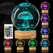3D Mushroom Crystal Ball Night Light 3.15 Inch Mushroom Glass Ball Lamp With 16  - £34.36 GBP