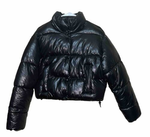 ZARA Down Puffer Jacket Womens S Black Full Zip Quilted Cropped sz L NEW - $70.83