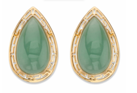Pear Cut Green Jade Cutout Halo Cabochon Gp Earrings 14K Gold Sterling Silver - £239.79 GBP