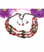 TRIPLE STRAND Vintage Beaded Necklace RED PURPLE GOLDTONE &amp; Bead EARRING... - €19,69 EUR