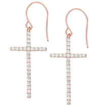 925 Sterling Silver Rose Gold Plated Dangle CZ Cross Euro Wire Earrings - £52.74 GBP
