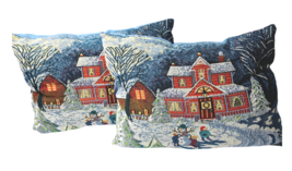 2 Christmas Tapestry Pillows Country House Barn Snowman Kids 18 x13 EUC Blue Red - £21.98 GBP