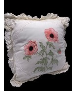 Vintage Candlewicking Throw Pillow Ivory White Poppy Flowers Floral Cott... - $48.34 CAD