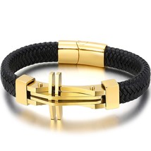 Cross Leather Wrap Bracelet for Men Cowhide Bangles Solid Stainless Steel Homme  - £18.83 GBP