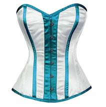 White Satin Baby Blue Strip Plus Size Basque WaistShaper Overbust Corset Costume - £58.34 GBP