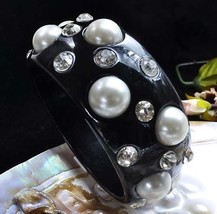Bangle Bracelet in Black Lucite Large Pearls and Sparkling Clear Rhinstones  - £7.89 GBP