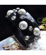 Bangle Bracelet in Black Lucite Large Pearls and Sparkling Clear Rhinsto... - $13.70 CAD