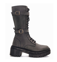 Womens mid-calf boots chunky biker rocker vegan nubuck grey zipper buckle strap - £147.20 GBP