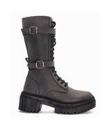 Womens mid-calf boots chunky biker rocker vegan nubuck grey zipper buckl... - £147.20 GBP