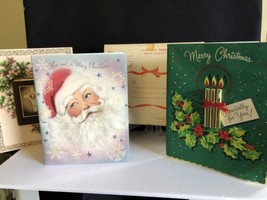 3 Retro Vintage Christmas Cards w/ Postage Box. Candle w/ holly, Santa, Rosary - $16.82