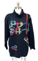 Doncaster 80s Vintage Black Cowl-Neck Sweater w/Multicolor Design Women&#39;... - $69.25