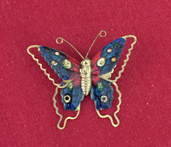 Small butterfly pin gold tone metal blue red sparkle glitter brooch vtg 1990s - £2.39 GBP
