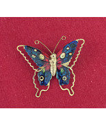 Small butterfly pin gold tone metal blue red sparkle glitter brooch vtg ... - $57.02 MXN