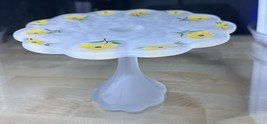 Frosted Glass Cake/Cupcake Stand Pedestal Hand-painted Yellow Flowers 11... - $18.80
