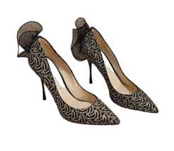 Nicholas Kirkwood Black &amp; Metallic Gold Ruffle Lace Stiletto Pumps - Size 37.5 - £363.75 GBP