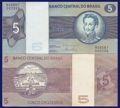 Brazil P192d, 5 Cruzeiros,  D. Pedro I / Parade square, Rio de Janeiro, UNC 70&#39;s - £2.05 GBP