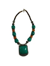 Unbranded Southwestern Beaded Necklace Large Square Pendant Faux Turquoise 23.5&quot; - £19.73 GBP