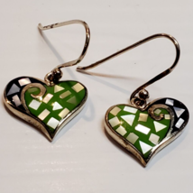 All Solid Sterling 925 Silver Heart Earrings Green Black Enamel Mosaic Mop 5.1gr - £17.40 GBP