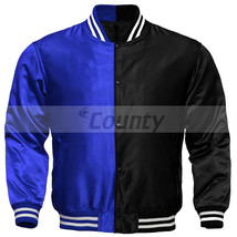 Letterman Baseball College Varsity Bomber Jacket Sports Royal Blue Black Satin - £44.30 GBP