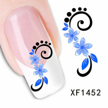 Nail Art Water Transfer Sticker Decal Stickers Pretty Flowers Blue Black XF1452 - £2.47 GBP