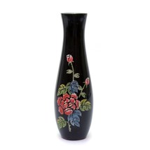 Vintage Hand Painted Lacquer Floral Flower Black Small Vase 6&quot; height - £9.32 GBP