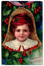 Postcard Embossed Christmas Greetings Girl Child Red Hat Dress Inside Bell Holly - £11.76 GBP