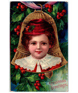 Postcard Embossed Christmas Greetings Girl Child Red Hat Dress Inside Be... - £11.67 GBP
